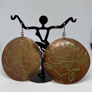 Brown Green Floral Print Disc Earrings 1.5”